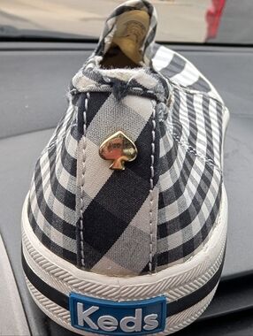 Keds Women's Black & White Plaid Slip-On Sneakers with Gold Spade Accent